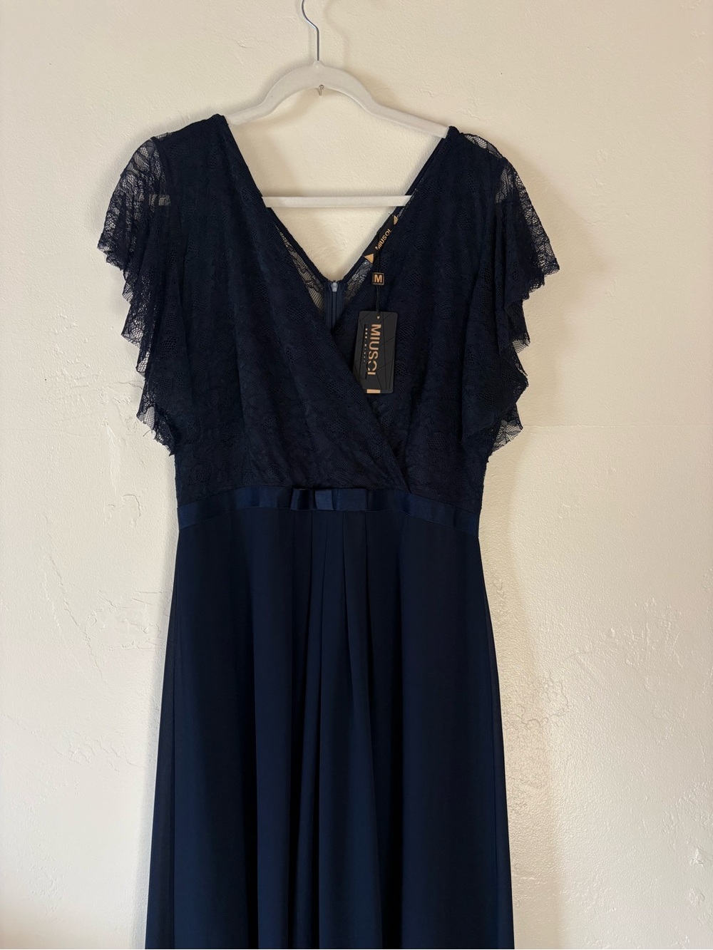 Miusol Navy Lace Bodice Maxi Gown Bow Waist Wedding Formal Size XL - Picture 2 of 7